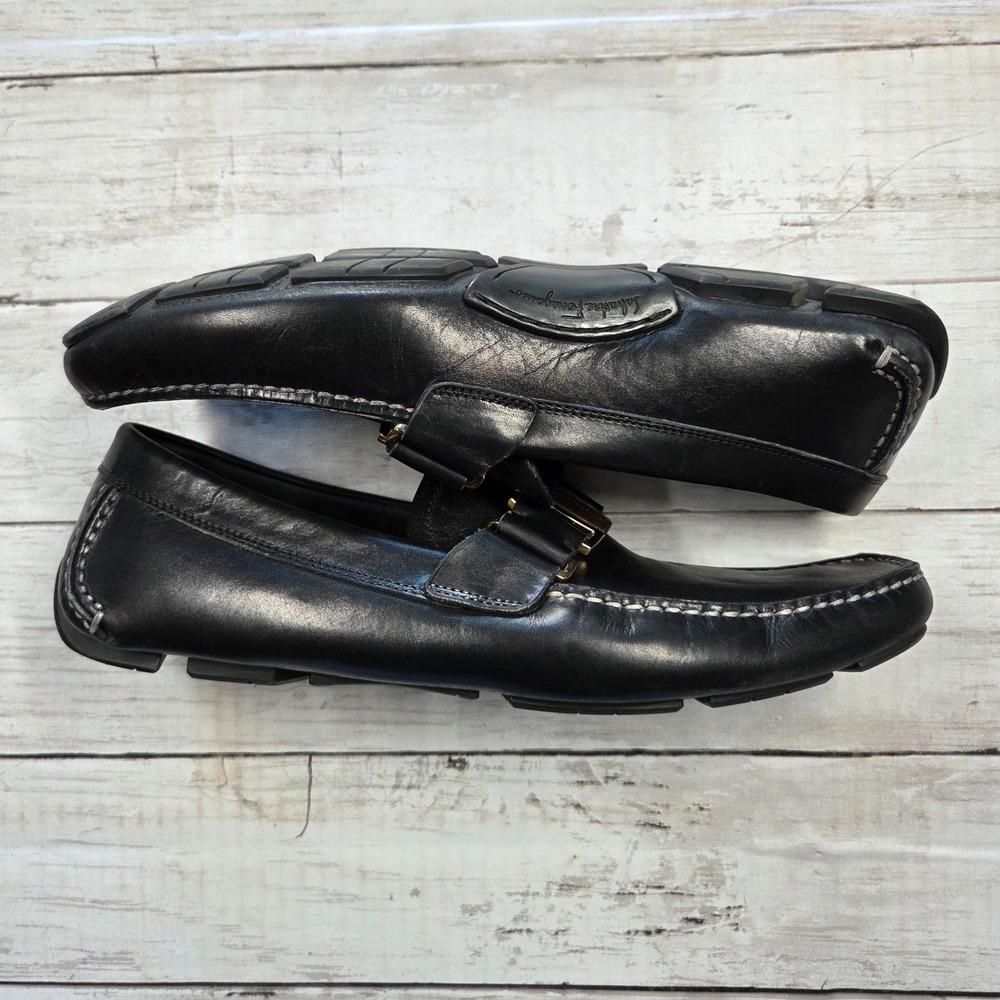 Salvatore Ferragamo Loafers Mens 7.5D Black Leather Wood Buckle‎ Driver Shoes - Picture 2 of 15
